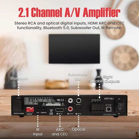 AudioSource ADTV2.1-2 مضخم صوت تلفزيون رقمي صغير الحجم، 50 وات/قناة، ARC HDMI، بلوتوث 5.0، بصري، AUX، عناصر تحكم في الجهير/الصوت الثلاثي، تشغيل تلقائي، مشغل 12 فولت، جهاز تحكم عن بعد بالأشعة تحت الحمراء، قابل للتثبيت على الحائط in Kuwait