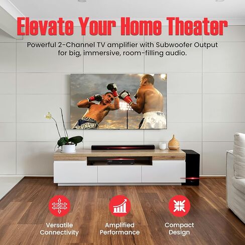 AudioSource ADTV2.1-2 مضخم صوت تلفزيون رقمي صغير الحجم، 50 وات/قناة، ARC HDMI، بلوتوث 5.0، بصري، AUX، عناصر تحكم في الجهير/الصوت الثلاثي، تشغيل تلقائي، مشغل 12 فولت، جهاز تحكم عن بعد بالأشعة تحت الحمراء، قابل للتثبيت على الحائط in Kuwait