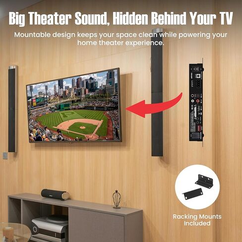 AudioSource ADTV2.1-2 مضخم صوت تلفزيون رقمي صغير الحجم، 50 وات/قناة، ARC HDMI، بلوتوث 5.0، بصري، AUX، عناصر تحكم في الجهير/الصوت الثلاثي، تشغيل تلقائي، مشغل 12 فولت، جهاز تحكم عن بعد بالأشعة تحت الحمراء، قابل للتثبيت على الحائط in Kuwait