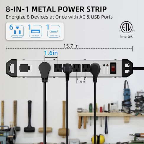 Heavy Duty Metal Power Strip Surge Protector 2100J, 6 Outlets & 2 USB, 15A Circuit Breaker, 6ft Power Cord, 360° Rotating Flat Plug, Wall Mountable for Garage Workshop Industrial, ETL Listed, Silver in Saudi Arabia