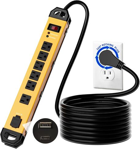 Heavy Duty Metal Power Strip Surge Protector 2100J, 6 Outlets & 2 USB, 15A Circuit Breaker, 6ft Power Cord, 360° Rotating Flat Plug, Wall Mountable for Garage Workshop Industrial, ETL Listed, Silver in Saudi Arabia