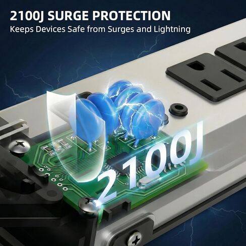 Heavy Duty Metal Power Strip Surge Protector 2100J, 6 Outlets & 2 USB, 15A Circuit Breaker, 6ft Power Cord, 360° Rotating Flat Plug, Wall Mountable for Garage Workshop Industrial, ETL Listed, Silver in Saudi Arabia