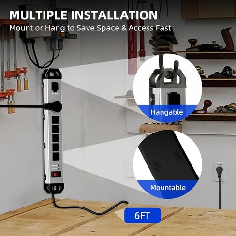 Heavy Duty Metal Power Strip Surge Protector 2100J, 6 Outlets & 2 USB, 15A Circuit Breaker, 6ft Power Cord, 360° Rotating Flat Plug, Wall Mountable for Garage Workshop Industrial, ETL Listed, Silver in Saudi Arabia