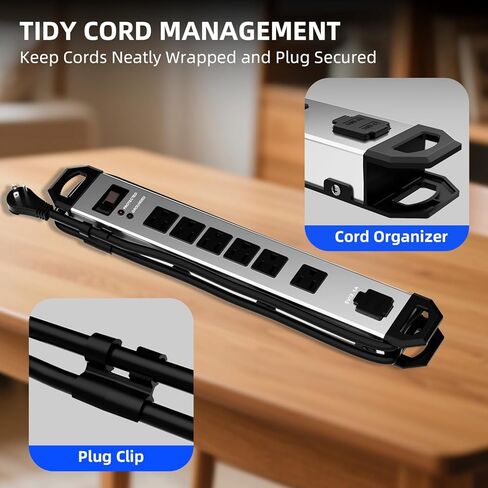 Heavy Duty Metal Power Strip Surge Protector 2100J, 6 Outlets & 2 USB, 15A Circuit Breaker, 6ft Power Cord, 360° Rotating Flat Plug, Wall Mountable for Garage Workshop Industrial, ETL Listed, Silver in Saudi Arabia
