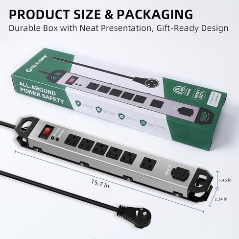Heavy Duty Metal Power Strip Surge Protector 2100J, 6 Outlets & 2 USB, 15A Circuit Breaker, 6ft Power Cord, 360° Rotating Flat Plug, Wall Mountable for Garage Workshop Industrial, ETL Listed, Silver in Saudi Arabia