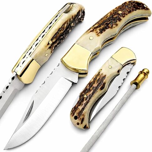 Best.Buy.Damascus1 Ultimate Folding Pocket Tool – Deer Antler Handle, 420C Steel, EDC for Outdoor, Camping, Survival & Daily Carry in Saudi Arabia