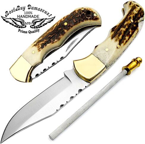 Best.Buy.Damascus1 Ultimate Folding Pocket Tool – Deer Antler Handle, 420C Steel, EDC for Outdoor, Camping, Survival & Daily Carry in Saudi Arabia