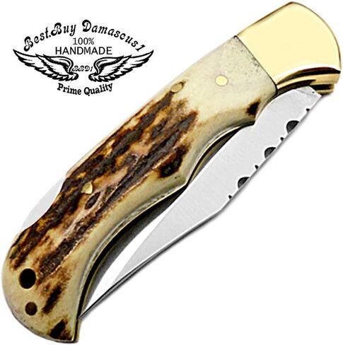 Best.Buy.Damascus1 Ultimate Folding Pocket Tool – Deer Antler Handle, 420C Steel, EDC for Outdoor, Camping, Survival & Daily Carry in Saudi Arabia