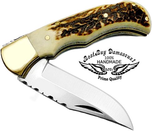 Best.Buy.Damascus1 Ultimate Folding Pocket Tool – Deer Antler Handle, 420C Steel, EDC for Outdoor, Camping, Survival & Daily Carry in Saudi Arabia