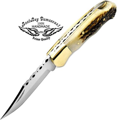 Best.Buy.Damascus1 Ultimate Folding Pocket Tool – Deer Antler Handle, 420C Steel, EDC for Outdoor, Camping, Survival & Daily Carry in Saudi Arabia