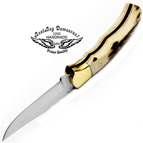 Best.Buy.Damascus1 Ultimate Folding Pocket Tool – Deer Antler Handle, 420C Steel, EDC for Outdoor, Camping, Survival & Daily Carry in Saudi Arabia