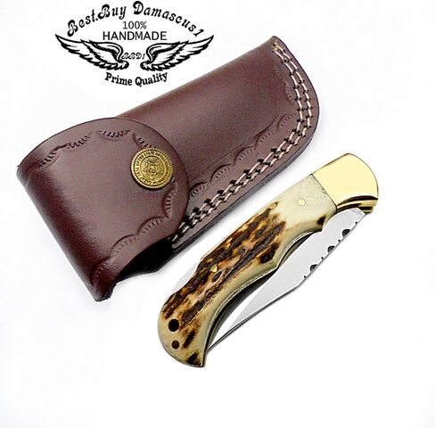 Best.Buy.Damascus1 Ultimate Folding Pocket Tool – Deer Antler Handle, 420C Steel, EDC for Outdoor, Camping, Survival & Daily Carry in Saudi Arabia