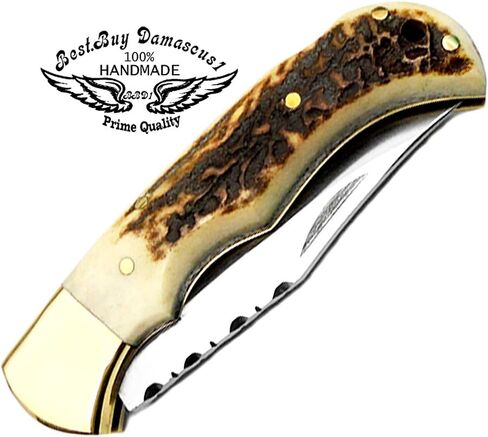 Best.Buy.Damascus1 Ultimate Folding Pocket Tool – Deer Antler Handle, 420C Steel, EDC for Outdoor, Camping, Survival & Daily Carry in Saudi Arabia
