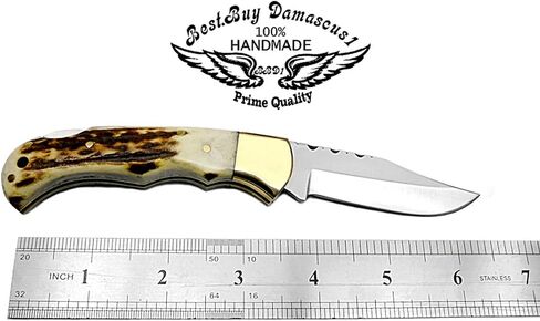 Best.Buy.Damascus1 Ultimate Folding Pocket Tool – Deer Antler Handle, 420C Steel, EDC for Outdoor, Camping, Survival & Daily Carry in Saudi Arabia