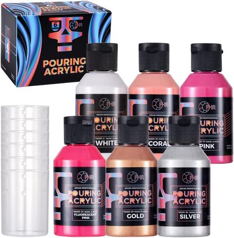 OPHIR Metallic Pouring Paint Set, 8 Metallic Colors, 2 Black, 2 White Colors, Pre-Mixed Paint Pouring Supplies, Ready to Pour Metallic Acrylic Paint for Canvas, Paper, Rocks, Wood,Glass in Kuwait