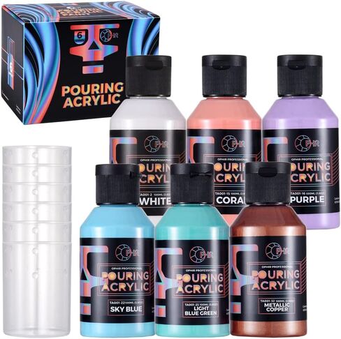 OPHIR Metallic Pouring Paint Set, 8 Metallic Colors, 2 Black, 2 White Colors, Pre-Mixed Paint Pouring Supplies, Ready to Pour Metallic Acrylic Paint for Canvas, Paper, Rocks, Wood,Glass in Kuwait