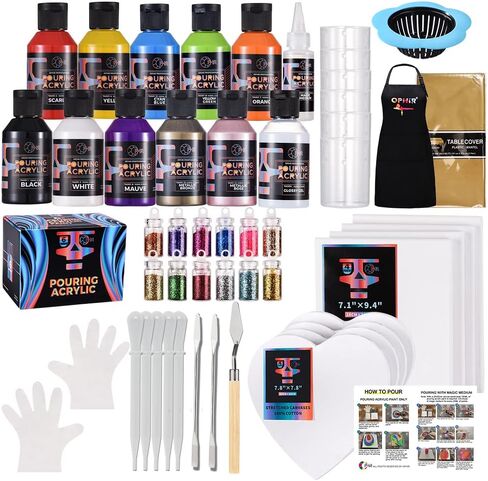 OPHIR Metallic Pouring Paint Set, 8 Metallic Colors, 2 Black, 2 White Colors, Pre-Mixed Paint Pouring Supplies, Ready to Pour Metallic Acrylic Paint for Canvas, Paper, Rocks, Wood,Glass in Kuwait