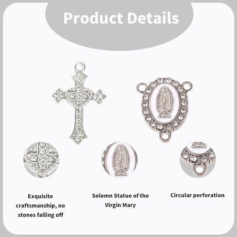 20 PCS Rosary Centerpiece Kits with 10 PCS Crystal Cross Charms and 10 PCS Rhinestone Catholic Medals Virgin Mary for Rosary Making, Religious Rosary Making Supplies for Religious Jewelry Making in Saudi Arabia