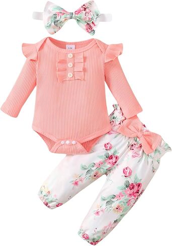 مجموعة ملابس للفتيات الصغيرات حديثي الولادة بأكمام طويلة مكشكشة وسروال مزين بالزهور للأطفال من عمر 0 ​​إلى 18 شهرًا in Kuwait