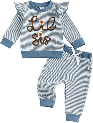 Gaono Toddler Baby Girl Fall Clothes Big Sister Little Sister Macthing Outfits Shirt And Pants Striped Waffle Knit Set in Saudi Arabia