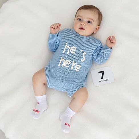 Newborn Boy Clothes He's Here Embroidered Baby Romper Oversized Long Sleeve Bodysuit Birth Announcement Outfit in Saudi Arabia