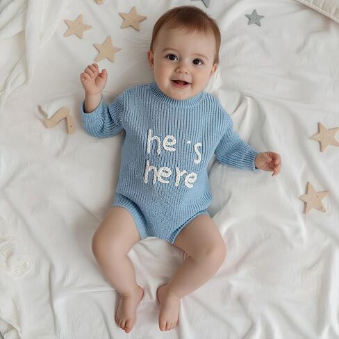 Newborn Boy Clothes He's Here Embroidered Baby Romper Oversized Long Sleeve Bodysuit Birth Announcement Outfit in Saudi Arabia