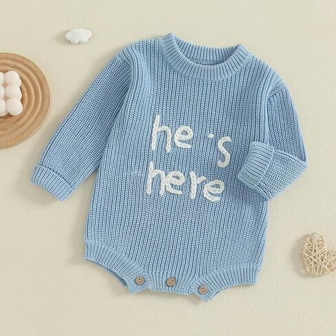 Newborn Boy Clothes He's Here Embroidered Baby Romper Oversized Long Sleeve Bodysuit Birth Announcement Outfit in Saudi Arabia
