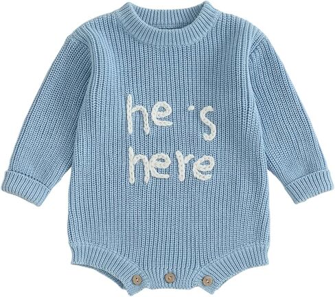 Newborn Boy Clothes He's Here Embroidered Baby Romper Oversized Long Sleeve Bodysuit Birth Announcement Outfit in Saudi Arabia