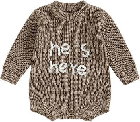 Newborn Boy Clothes He's Here Embroidered Baby Romper Oversized Long Sleeve Bodysuit Birth Announcement Outfit in Saudi Arabia
