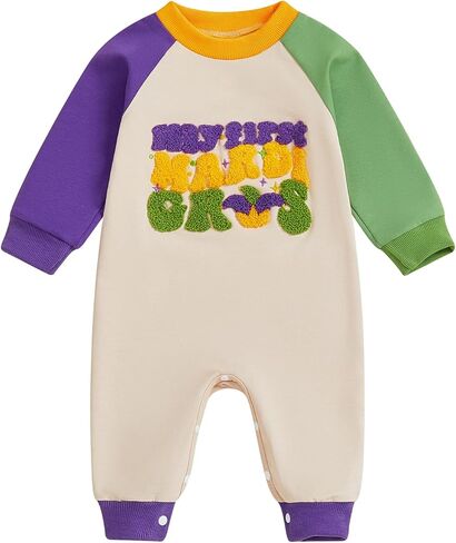 Newborn Baby Boy Mardi Gras Outfit Letters Embroidery Long Sleeve Round Neck Footie Romper Jumpsuit Carnival Clothes in Kuwait
