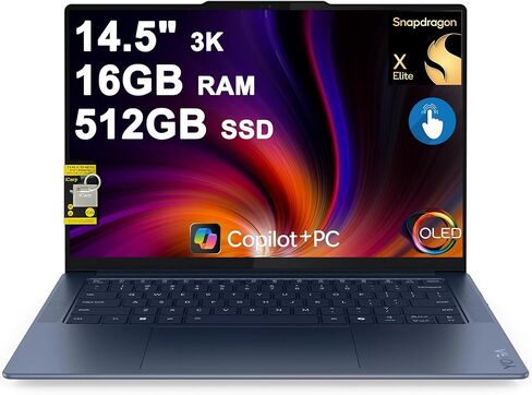 كمبيوتر محمول Lenovo Yoga Slim 7 مقاس 14.5 بوصة 3K OLED Touch (100% DCI-P3 1000nits HDR Peak) Qualcomm 12-core Snapdragon X Elite (ما يصل إلى 45 قطعة علوية) ذاكرة الوصول العشوائي 16 جيجابايت 1 تيرابايت SSD للأعمال التجارية المنشئة Win11 ICP Hub Copilot AI in Kuwait