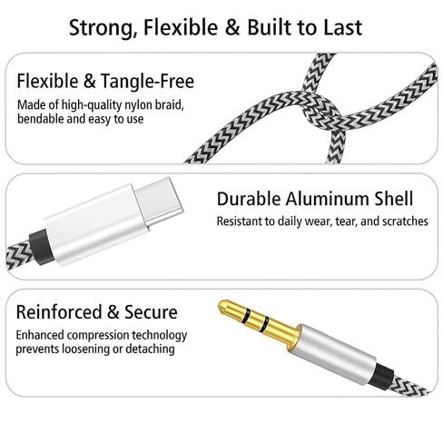 1PACK USB C إلى 3.5 مم كابل صوت Aux - 3.3 قدم من النوع C إلى 3.5 مم سماعة رأس وسلك ستيريو للسيارة، متوافق مع iPhone 16 Pro Max، 15 Pro Max، S24 S23 S22 S21، iPad Pro أسود/أبيض in Saudi Arabia