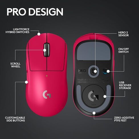 ماوس الألعاب اللاسلكي Logitech G PRO X Superlight 2 Lightspeed، خفيف الوزن، مفاتيح هجينة LIGHTFORCE، مستشعر Hero 2، 32000 نقطة في البوصة، 5 أزرار قابلة للبرمجة، شحن USB-C، الكمبيوتر الشخصي وماك - أرجواني in Kuwait