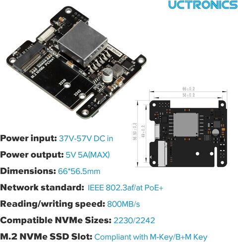 UCTRONICS 5V 5A NVMe PoE+ HAT for Raspberry Pi 5، PCIe إلى M.2 NVMe محول، متوافق مع 2230/2242 NVMe SSDs، IEEE 802.3af/at PoE+ Power Over Ethernet in Kuwait