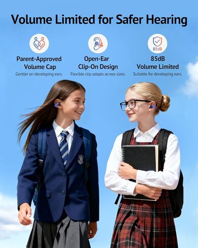 سماعات أذن مفتوحة للأطفال من FOYCOY - سماعات أذن بمشبك - حد حجم 85 ديسيبل - بلوتوث 6.0، ميكروفون مدمج، وقت تشغيل 40 ساعة، وسادات سيليكون، IPX5، مناسبة للأذنين الصغيرة والنظارات، للأعمار من 6 إلى 14 عامًا، أزرق in Kuwait