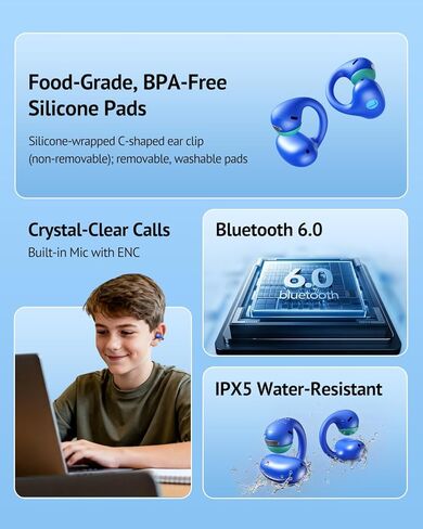 سماعات أذن مفتوحة للأطفال من FOYCOY - سماعات أذن بمشبك - حد حجم 85 ديسيبل - بلوتوث 6.0، ميكروفون مدمج، وقت تشغيل 40 ساعة، وسادات سيليكون، IPX5، مناسبة للأذنين الصغيرة والنظارات، للأعمار من 6 إلى 14 عامًا، أزرق in Kuwait