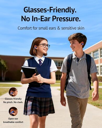 سماعات أذن مفتوحة للأطفال من FOYCOY - سماعات أذن بمشبك - حد حجم 85 ديسيبل - بلوتوث 6.0، ميكروفون مدمج، وقت تشغيل 40 ساعة، وسادات سيليكون، IPX5، مناسبة للأذنين الصغيرة والنظارات، للأعمار من 6 إلى 14 عامًا، أزرق in Kuwait