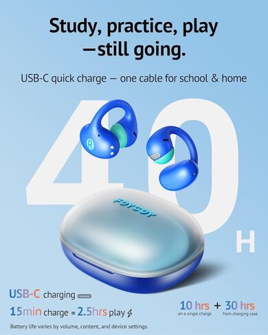 سماعات أذن مفتوحة للأطفال من FOYCOY - سماعات أذن بمشبك - حد حجم 85 ديسيبل - بلوتوث 6.0، ميكروفون مدمج، وقت تشغيل 40 ساعة، وسادات سيليكون، IPX5، مناسبة للأذنين الصغيرة والنظارات، للأعمار من 6 إلى 14 عامًا، أزرق in Kuwait