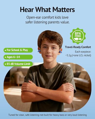 سماعات أذن مفتوحة للأطفال من FOYCOY - سماعات أذن بمشبك - حد حجم 85 ديسيبل - بلوتوث 6.0، ميكروفون مدمج، وقت تشغيل 40 ساعة، وسادات سيليكون، IPX5، مناسبة للأذنين الصغيرة والنظارات، للأعمار من 6 إلى 14 عامًا، أزرق in Kuwait