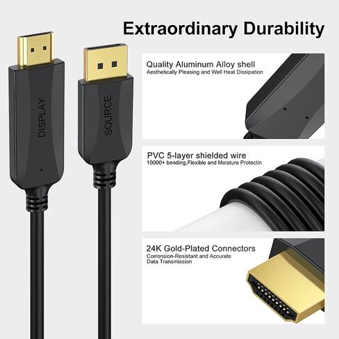 كابل DisplayPort إلى HDMI بطول 10 أقدام، 2 حزمة DP (منفذ عرض) إلى سلك HDMI ذكر إلى ذكر يدعم الفيديو والصوت (4k، 2880P، 2160P، 1440P، 1080P) للكمبيوتر، والشاشة، وجهاز العرض، HDTV-NOT ثنائي الاتجاه in Kuwait
