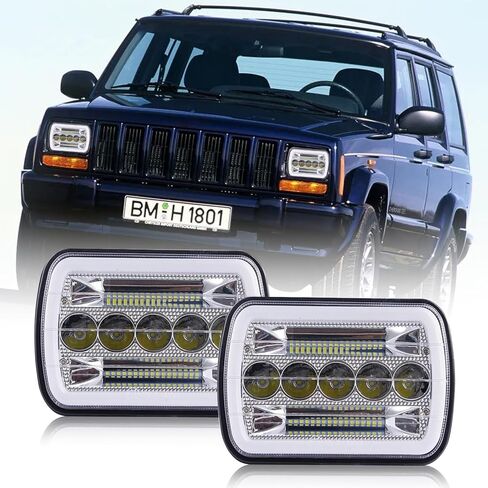 مصابيح أمامية LED 5x7، مصابيح أمامية LED 7x6 مع DRL شعاع مرتفع منخفض مستطيل H6054 5054 مصباح أمامي مختوم، متوافق مع جيب رانجلر شيروكي XJ H6054LL 69822 6052 6053، قطعتان باللون الأسود in Kuwait