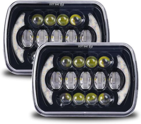 مصابيح أمامية LED 5x7، مصابيح أمامية LED 7x6 مع DRL شعاع مرتفع منخفض مستطيل H6054 5054 مصباح أمامي مختوم، متوافق مع جيب رانجلر شيروكي XJ H6054LL 69822 6052 6053، قطعتان باللون الأسود in Kuwait