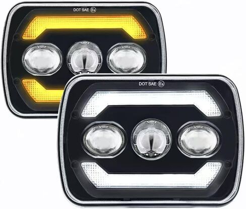مصابيح أمامية LED 5x7، مصابيح أمامية LED 7x6 مع DRL شعاع مرتفع منخفض مستطيل H6054 5054 مصباح أمامي مختوم، متوافق مع جيب رانجلر شيروكي XJ H6054LL 69822 6052 6053، قطعتان باللون الأسود in Kuwait