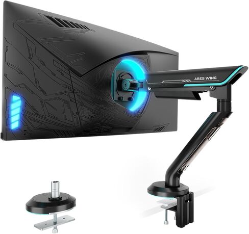 ARES WING Single Monitor Mount with RGB, Heavy-Duty Gaming Monitor Arm fits for 24"-57" Ultrawide Screen, Adjustable Computer Monitor Stand Holds Up to 60LBS with VESA Mount, Clamp & Grommet, Black in Saudi Arabia