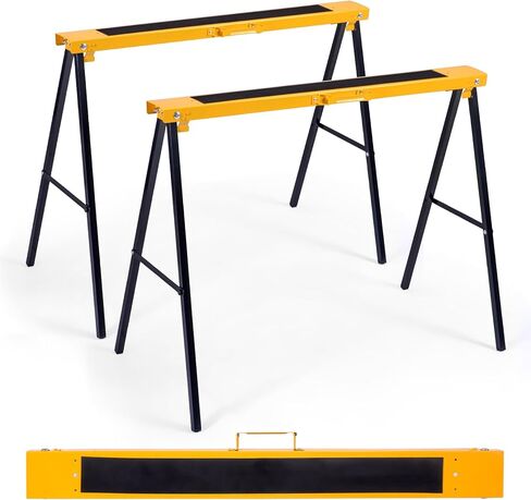 Goplus Saw Horses 2 Pack، حامل أدوات كهربائي معدني مجلفن شديد التحمل مع دعامة علوية ومفصلة غير قابلة للانزلاق، خيول منشار سريعة الطي مع مقبض حمل للأعمال الخشبية in Kuwait