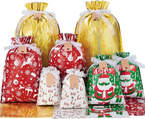 Asoulin Christmas Drawstring Gift Bags with Tags - 40 Pcs Christmas Gift Bag Assorted Size Large Medium Small Foil Gift Wrapping Bag for Birthday, Goodies, Xmas Holiday Party Favor Decoration Supplies in Kuwait
