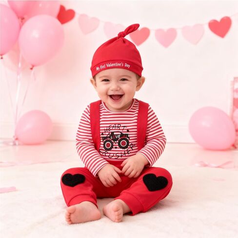 Newborn Infant Baby Boy Valentines Outfit Heart Crusher Long Sleeve Striped Romper + Red Suspender Pants + Hat 3Pcs in Saudi Arabia