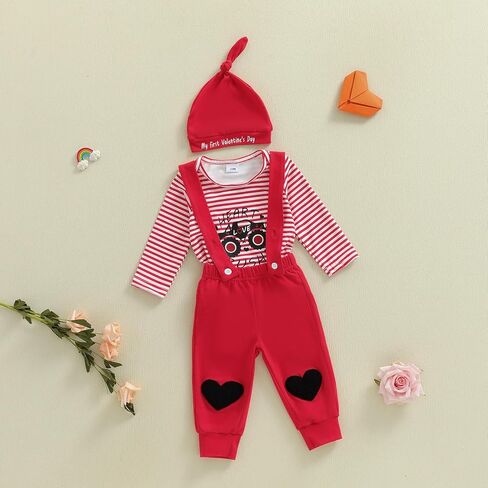 Newborn Infant Baby Boy Valentines Outfit Heart Crusher Long Sleeve Striped Romper + Red Suspender Pants + Hat 3Pcs in Saudi Arabia