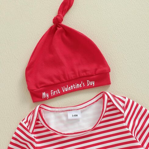 Newborn Infant Baby Boy Valentines Outfit Heart Crusher Long Sleeve Striped Romper + Red Suspender Pants + Hat 3Pcs in Saudi Arabia