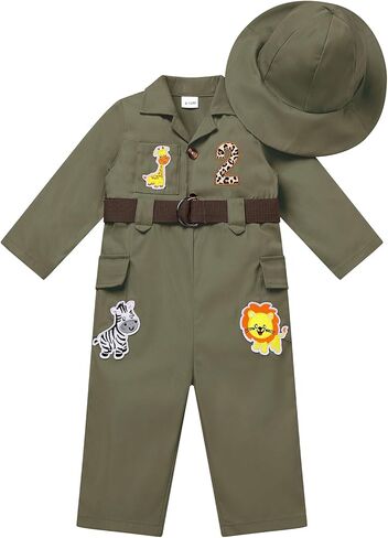 IWEMEK Toddler Boy Safari Animal Outfit Lion Giraffe Zebra Jungle Birthday Outfit Long Sleeve Romper Jumpsuit with Belt Hat in Saudi Arabia